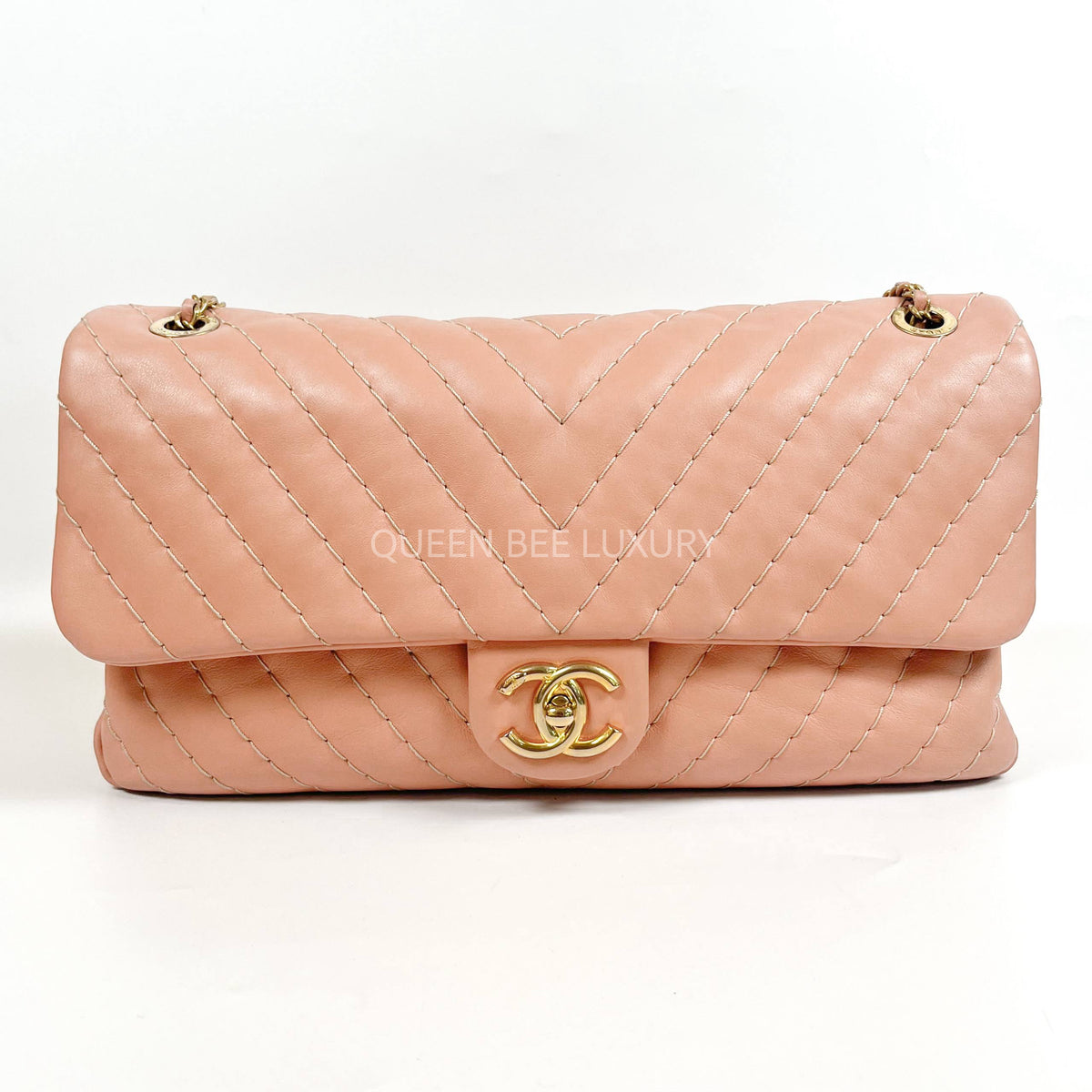 Chanel Flap Shoulder / Sling Bag Salmon Pink Lamsbkin Chevron GHW #16